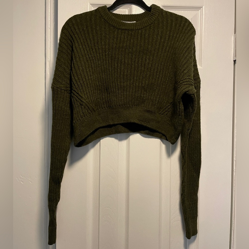 UO Olive Green Cropped Knit Sweater